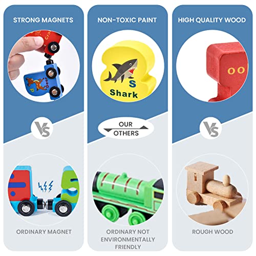 27-Piece Wooden Train Set with Magnetic Alphabet Animals