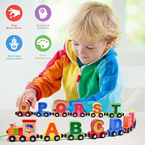 27-Piece Wooden Train Set with Magnetic Alphabet Animals