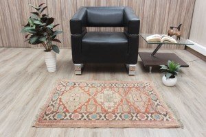 Vintage Hand-Knotted Beige Wool Area Rug 3x3