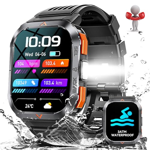 Men's Military Smartwatch: Call, LED Flashlight, Waterproof, Large