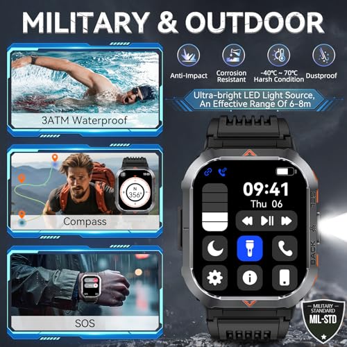 Men's Military Smartwatch: Call, LED Flashlight, Waterproof, Large