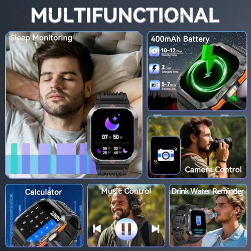 Men's Military Smartwatch: Call, LED Flashlight, Waterproof, Large