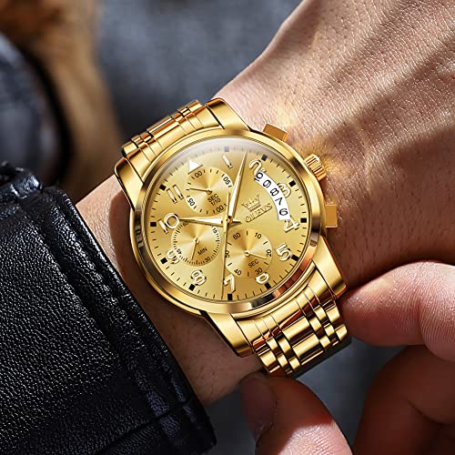 Men's Gold Stainless Steel Large Face Watch with Calendar