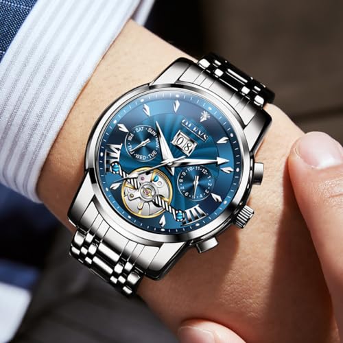 OLEVS Men Automatic Stainless Steel Skeleton Watch - Silver Blue