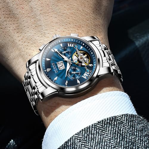 OLEVS Men Automatic Stainless Steel Skeleton Watch - Silver Blue