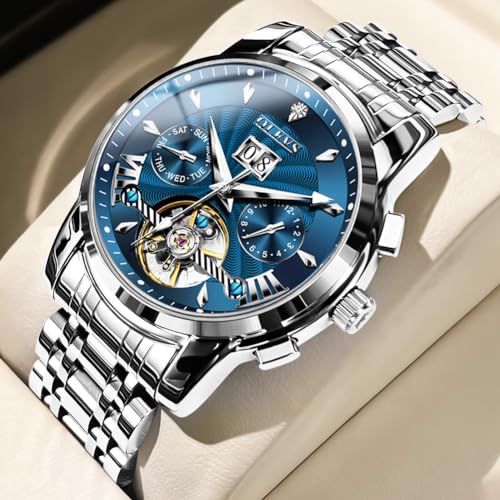 OLEVS Men Automatic Stainless Steel Skeleton Watch - Silver Blue