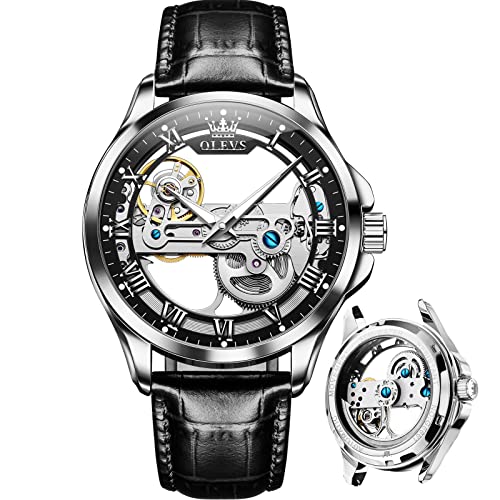 OLEVS Black Leather Skeleton Automatic Mens Wrist Watch