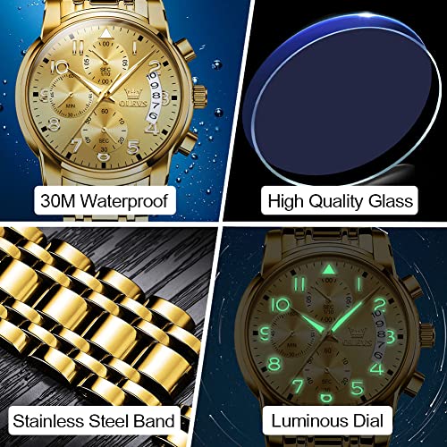 Men's Gold Stainless Steel Large Face Watch with Calendar