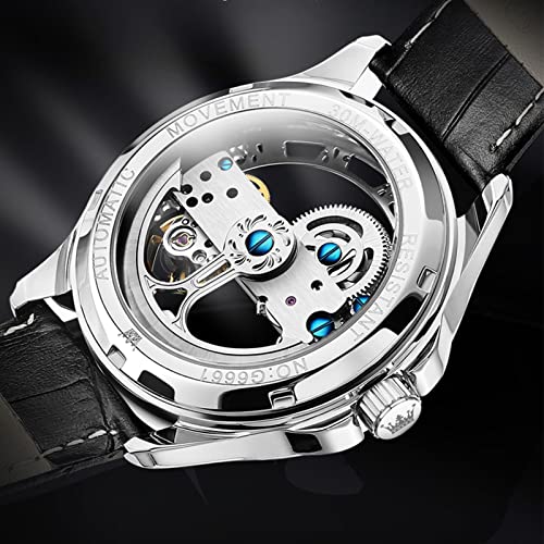 OLEVS Black Leather Skeleton Automatic Mens Wrist Watch