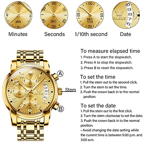 Men's Gold Stainless Steel Large Face Watch with Calendar