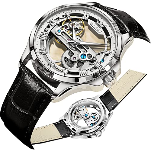 OLEVS Black Leather Skeleton Automatic Mens Wrist Watch