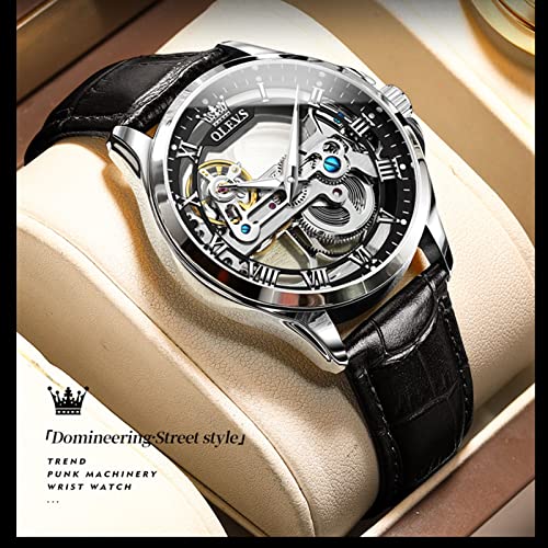 OLEVS Black Leather Skeleton Automatic Mens Wrist Watch