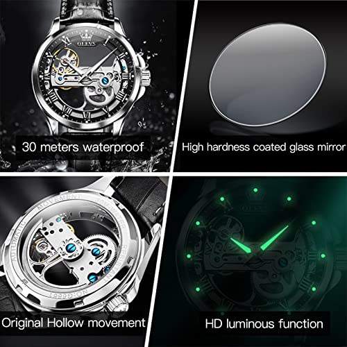 OLEVS Black Leather Skeleton Automatic Mens Wrist Watch