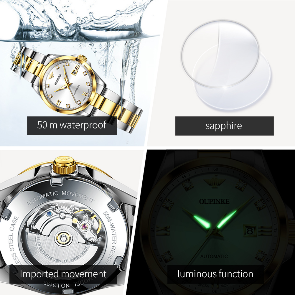 OUPINKE Women's Diamond Dial Automatic Mechanical Watch Waterproof