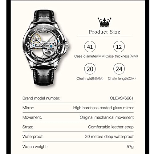 OLEVS Black Leather Skeleton Automatic Mens Wrist Watch