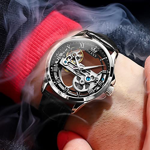 OLEVS Black Leather Skeleton Automatic Mens Wrist Watch