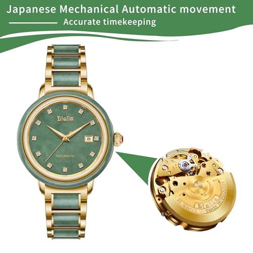 Diella Women's Automatic Mechanical Luxury Dress Watch - Green Jade/Gold