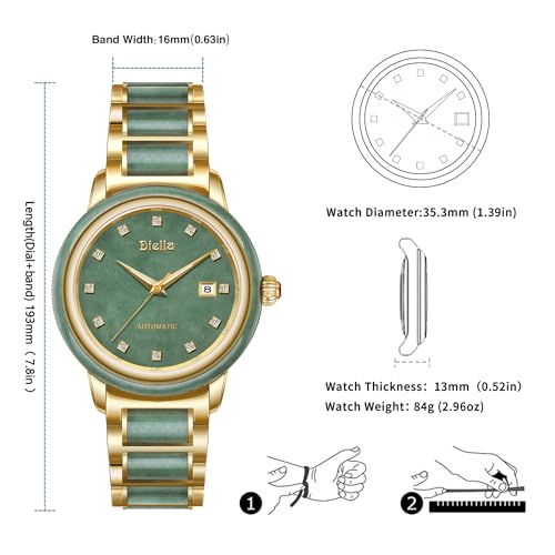 Diella Women's Automatic Mechanical Luxury Dress Watch - Green Jade/Gold