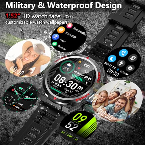 Unisex Military Smart Watch, IP68 Waterproof, Bluetooth Fitness Tracker