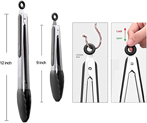 Stainless Steel Locking Kitchen Tongs Set, Silicone Tips