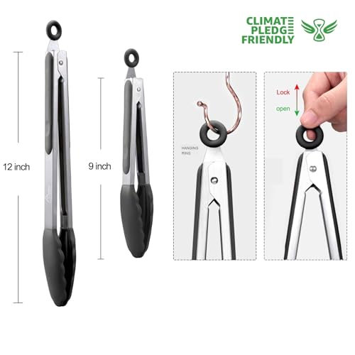 Stainless Steel Locking Kitchen Tongs Set, Silicone Tips