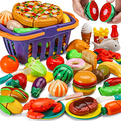 Kids Kitchen Play Food Set with Storage Basket
