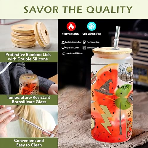 Harry Potter Glass Cups with Bamboo Lids and Straws