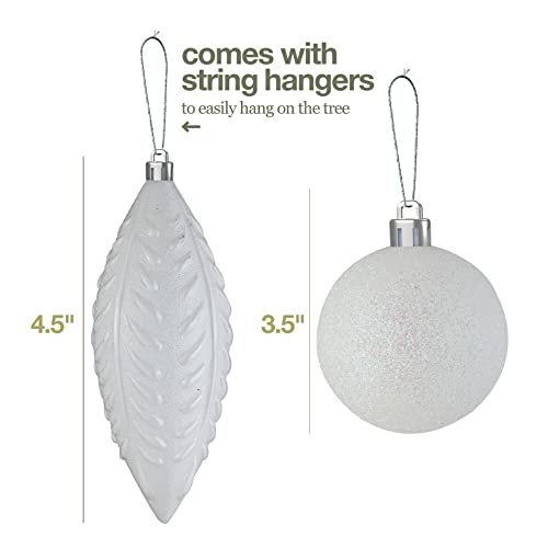 White Christmas Tree Decorations - 24pc Shatterproof Ornaments
