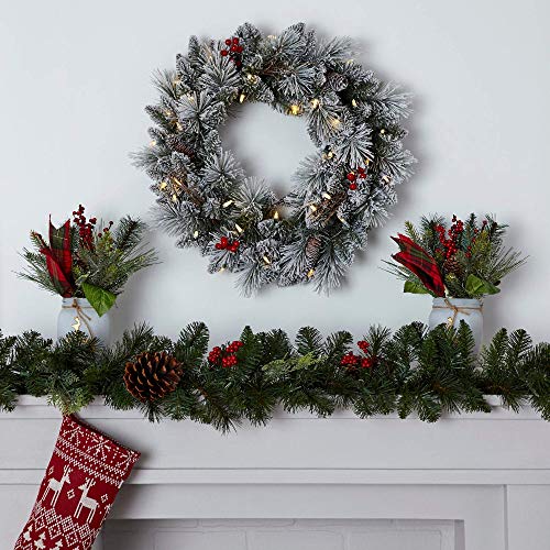 Festive 24" Berry Flocked Christmas Wreath with LED Lights