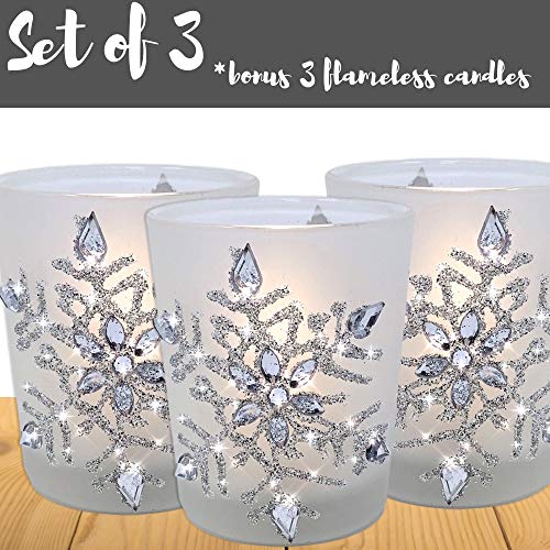Frosted Glass Snowflake Candleholders - Set of 3