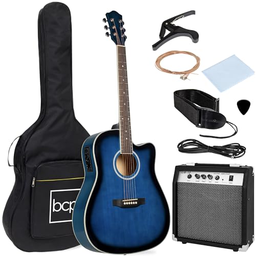 Best Choice Products Beginner Acoustic Electric Guitar Starter Set w/ 41in, All Wood Cutaway Design, Case, Strap, Picks - Blue
