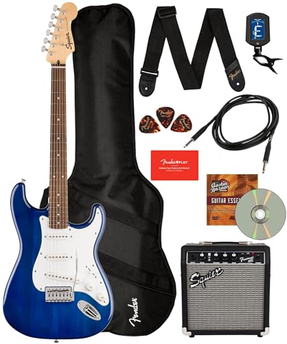 Fender Squier Sonic Stratocaster - Sapphire Blue Transparent Bundle with Frontman 10g Amp, Gig Bag, Cable, Strap, Tuner, Fender Play, Picks, Austin Bazaar Guitar DVD