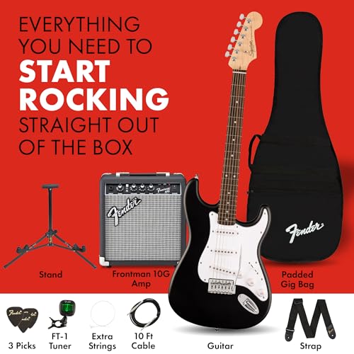 Fender Squier Debut Series Stratocaster Electric Guitar Kit, Beginner Guitar Kit, with 2-Year Warranty, with Padded Gig Bag, Frontman 10G Amp, Guitar Strap, and More, Includes Free Lessons, Black