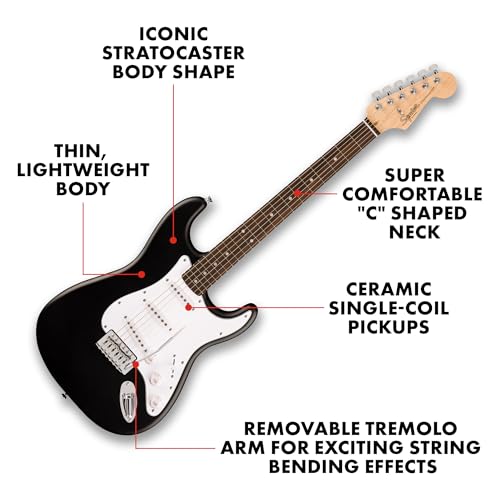 Fender Squier Debut Series Stratocaster Electric Guitar Kit, Beginner Guitar Kit, with 2-Year Warranty, with Padded Gig Bag, Frontman 10G Amp, Guitar Strap, and More, Includes Free Lessons, Black