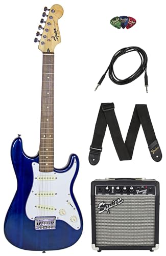 Fender Squier 24-Inch Short Scale Strat Pack - Transparent Blue Bundle with Frontman 10G Amplifier, Instrument Cable, Strap, Picks, Online Lessons, and Austin Bazaar Instructional DVD