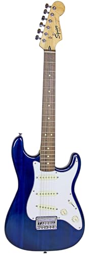 Fender Squier 24-Inch Short Scale Strat Pack - Transparent Blue Bundle with Frontman 10G Amplifier, Instrument Cable, Strap, Picks, Online Lessons, and Austin Bazaar Instructional DVD