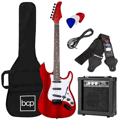 Best Choice Products 39in Full Size Beginner Electric Guitar Starter Kit w/Case, Strap, 10W Amp, Strings, Pick, Tremolo Bar - Cherry Red