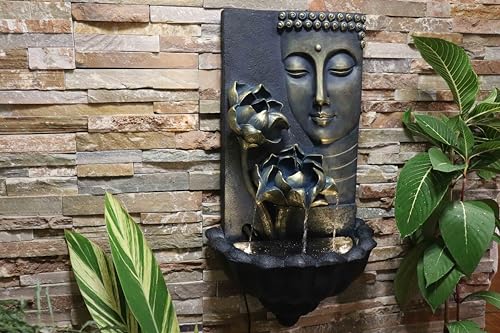Zen Buddha Face Lotus Outdoor Water Fountain, 32.3" Tall