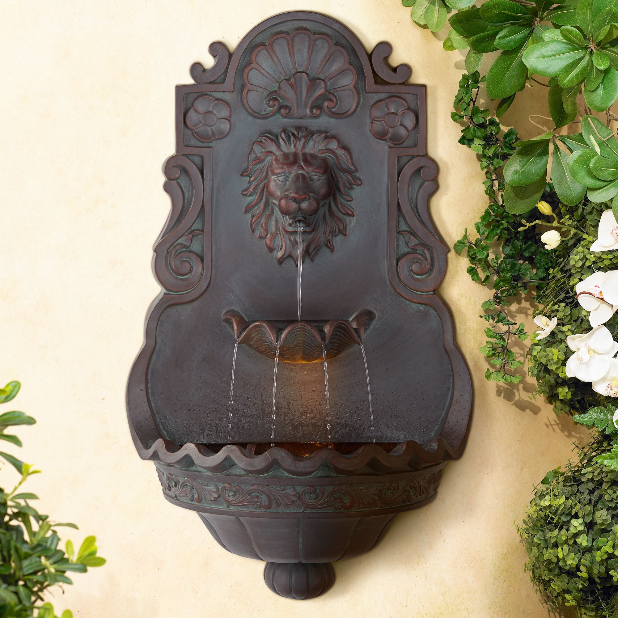 2 Tier Lion Head Outdoor Wall Fountain with LED