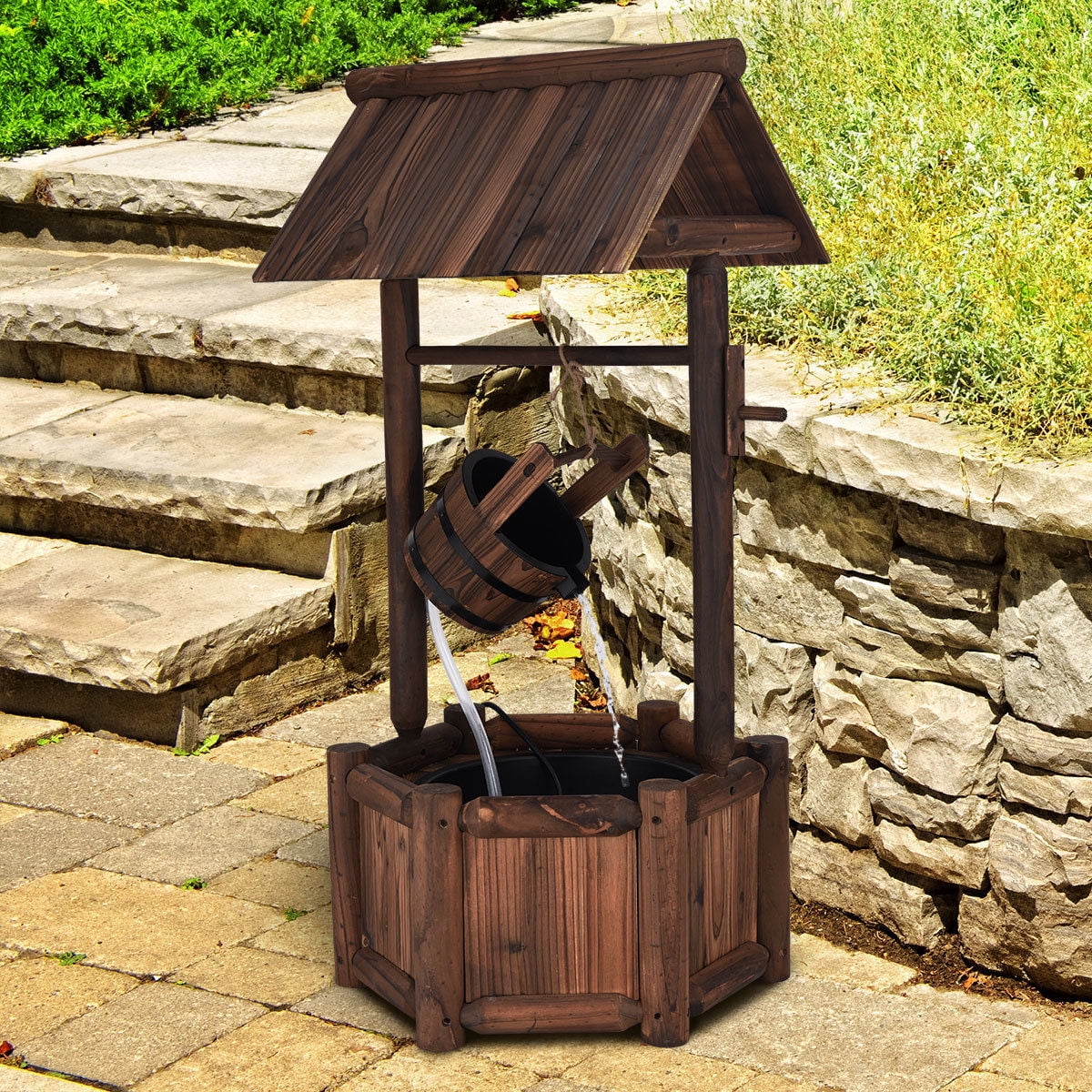 Rustic Wooden Wishing Well Fountain for Outdoor Gardens