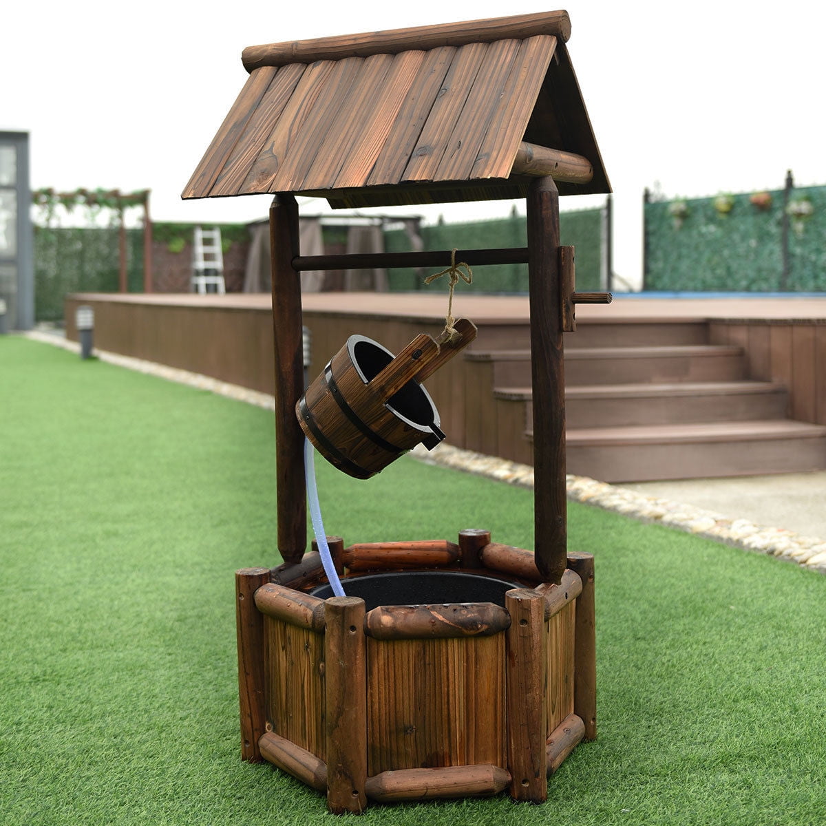 Rustic Wooden Wishing Well Fountain for Outdoor Gardens