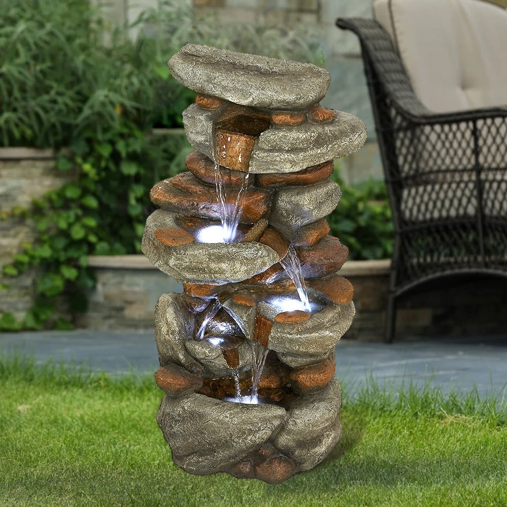 4-Tier Rock Water Fountain with LED Lights for Garden