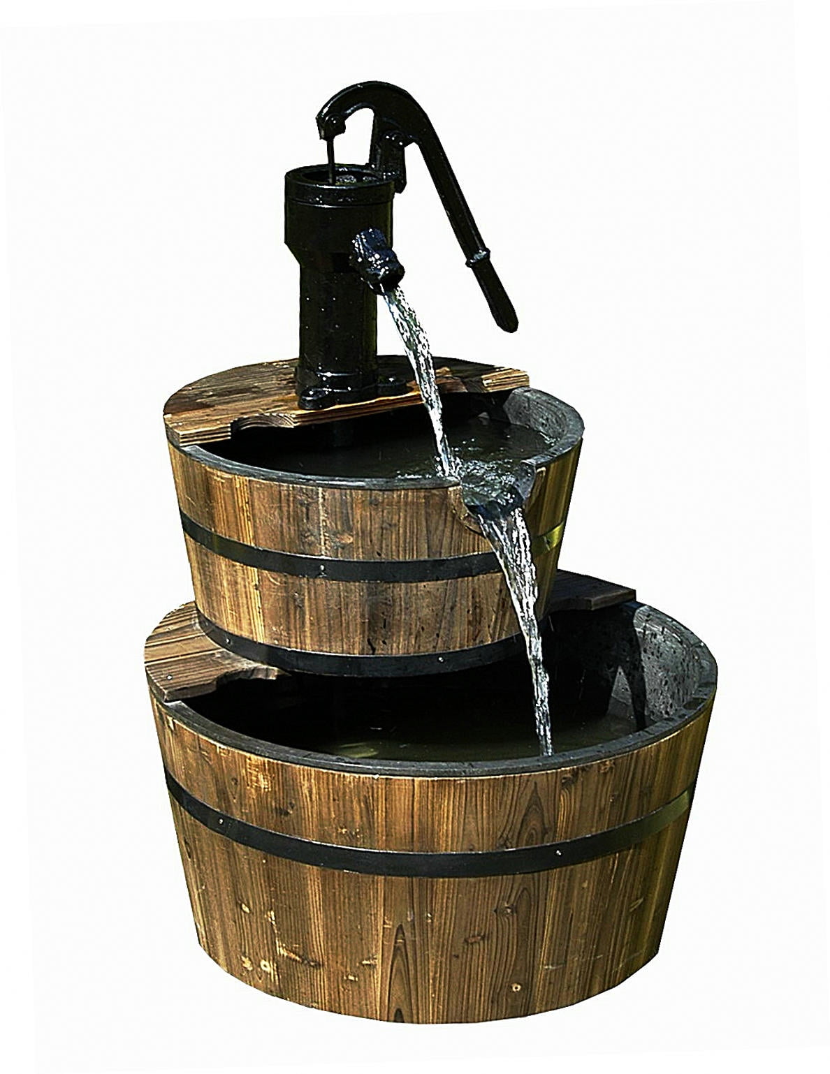 2-Tier Wood Barrel Outdoor Water Fountain | Large Size