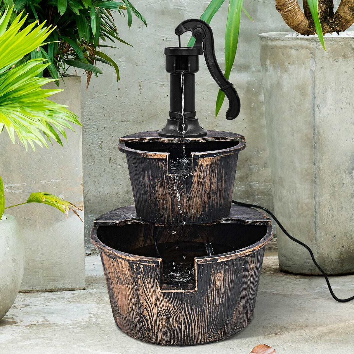 Gymax 2 Tier Barrel Waterfall Garden Fountain