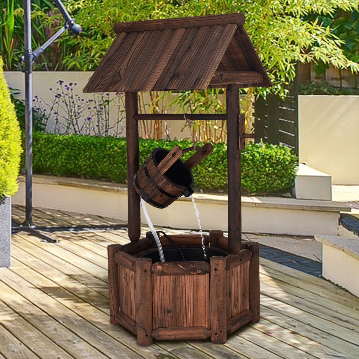 Rustic Wooden Wishing Well Fountain for Outdoor Gardens