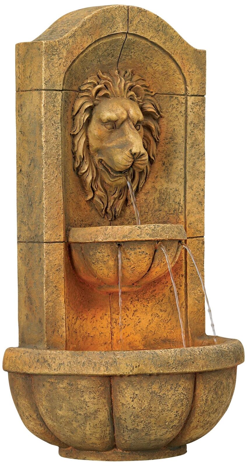 Rustic Lion Head Outdoor Wall Water Fountain LED Light