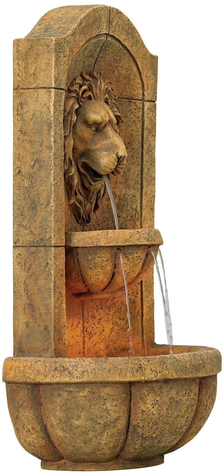 Rustic Lion Head Outdoor Wall Water Fountain LED Light
