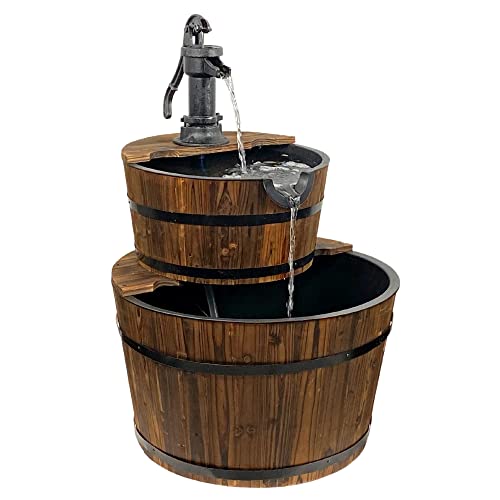 Large Wood Barrel Outdoor Water Fountain with Pump