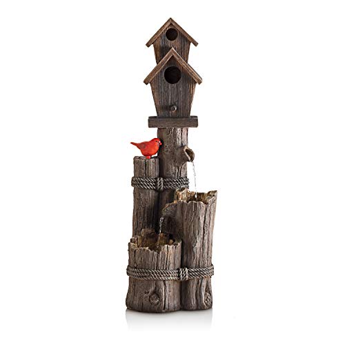 Alpine 3-Tier Log Birdhouse Waterfall Fountain, 35", Brown