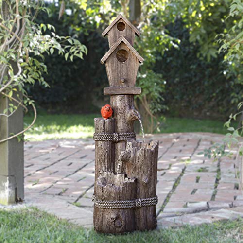 Alpine 3-Tier Log Birdhouse Waterfall Fountain, 35", Brown